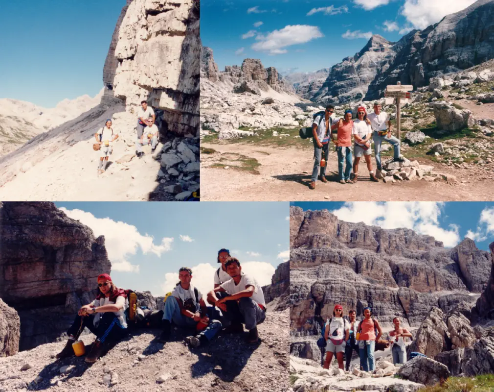Collage fotografico di escursioni in montagna sulle Tofane: Luca Pilolli insieme a un gruppo di amici durante camminate e soste alpine, con paesaggi rocciosi delle Dolomiti sullo sfondo, a rappresentare amicizia, avventura, libertà e la scelta di vivere una vita ricca di esperienze.