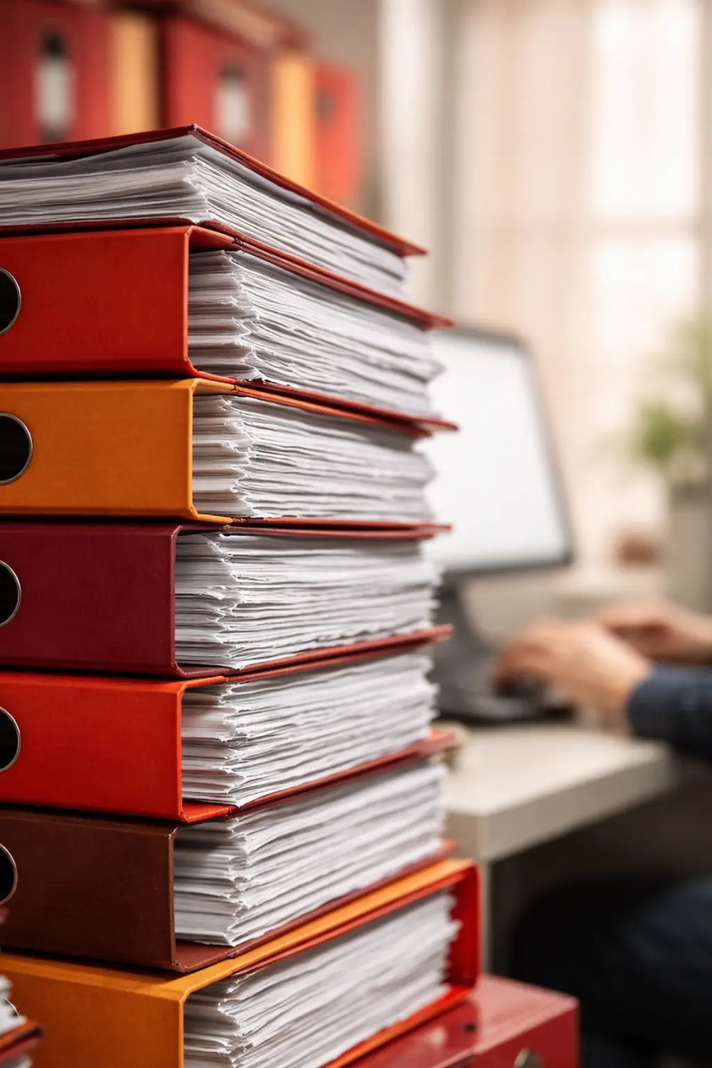 Archivio di scrittura pluriennale: pila di raccoglitori e documenti cartacei ordinati su una scrivania, simbolo di molti anni di articoli, appunti e contenuti scritti, con una persona che lavora al computer sullo sfondo, a rappresentare continuità, metodo e produzione editoriale nel tempo.